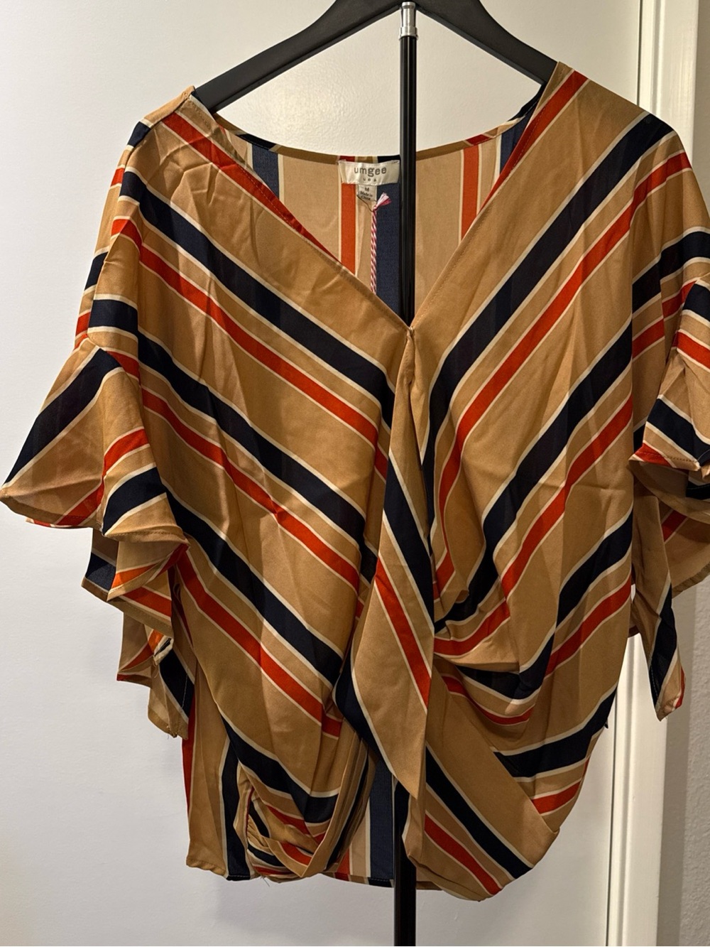 Umgee USA Striped Crossover Draped Top Blouse Latte NWT